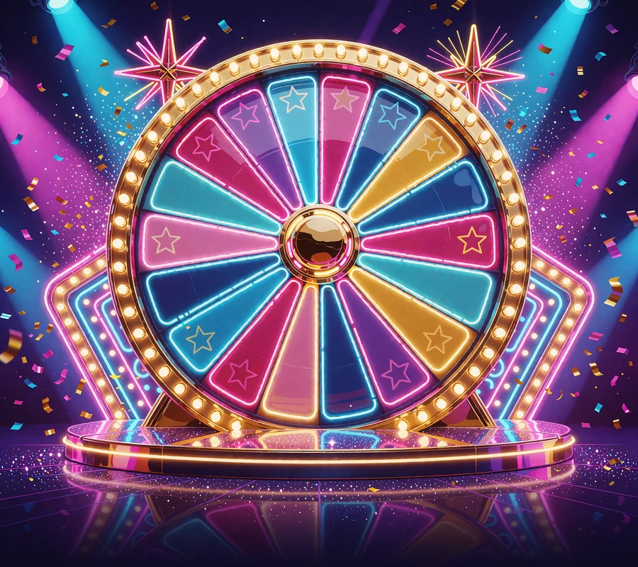 Wielkie kolorowe koło nagr&oacute;d na scenie teleturnieju - game show Crazy Time w kasynie live Wyns