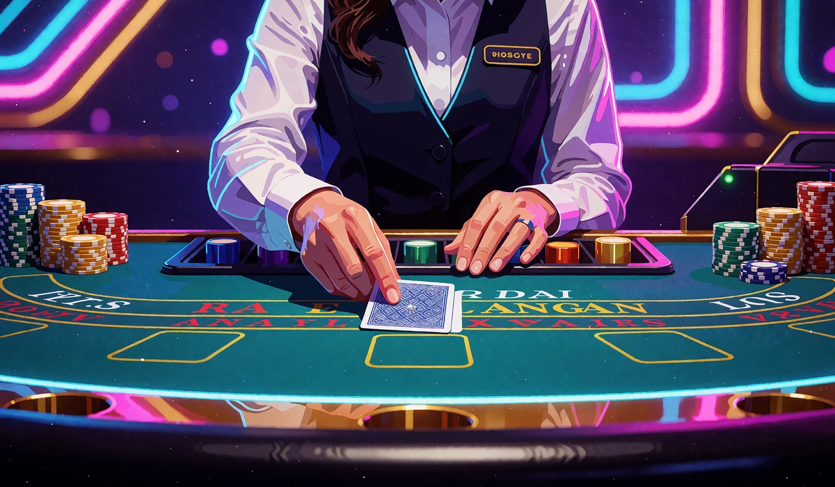 Dłonie krupiera rozdającego kartę na zielonym stole z żetonami - kasyno live w Wyns Casino