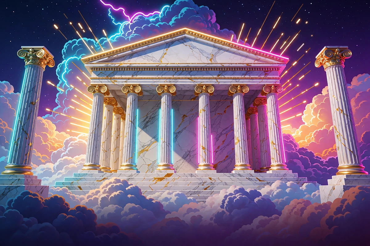 Marmurowa świątynia na chmurach w złotym świetle - grafika slotu Gods of Olympus w kasynie online Wyns