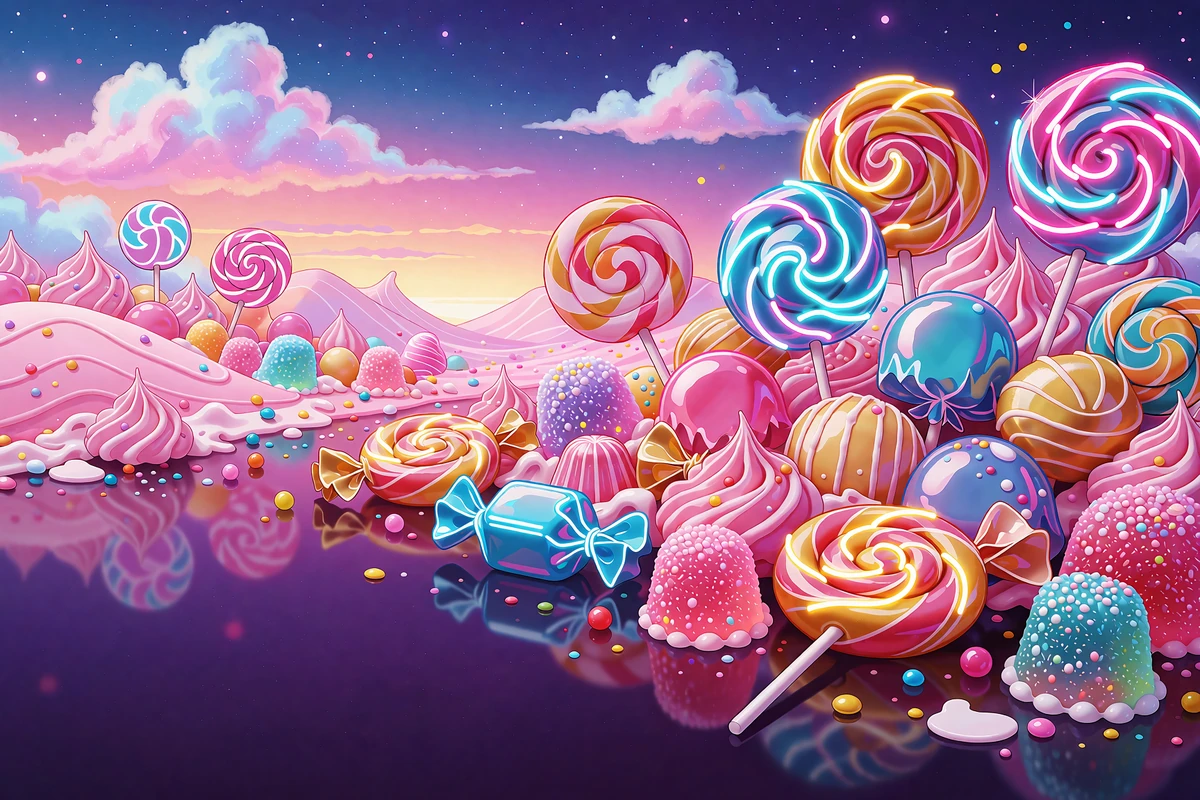 Cukierkowa kraina z lizakami i r&oacute;żowymi wzg&oacute;rzami - grafika slotu Sugar Rush 1000 w Wyns Casino