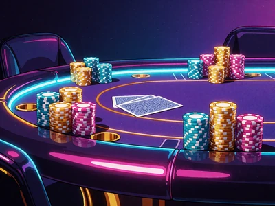 Owalny st&oacute;ł pokerowy z wieżami żeton&oacute;w i kartami w cyjanowym świetle - poker live w Wyns Casino