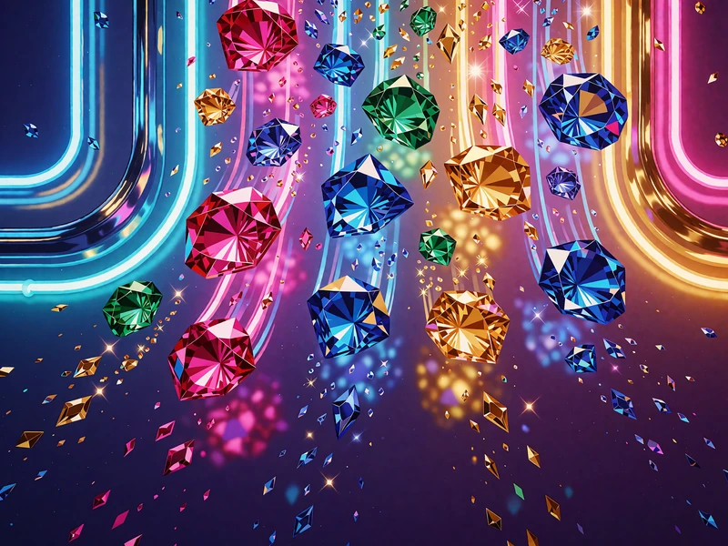 Kolorowe klejnoty spadające kaskadą przez kolumny światła - ilustracja slot&oacute;w Megaways w Wyns Casino