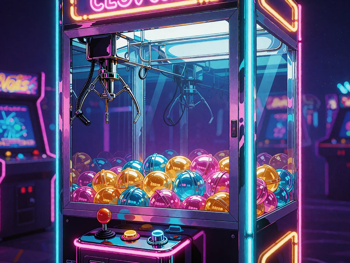 Neonowa automat z chwytakiem i szklaną skrzynią pełną kolorowych kapsuł - mechanika Bonus Crab w Wyns